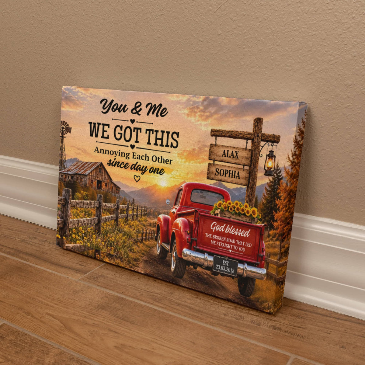 Personalized Couple Canvas, You & Me We Got This Wall Art, God Blessed the Broken Road Rustic Anniversary Gift with Custom Names & Date