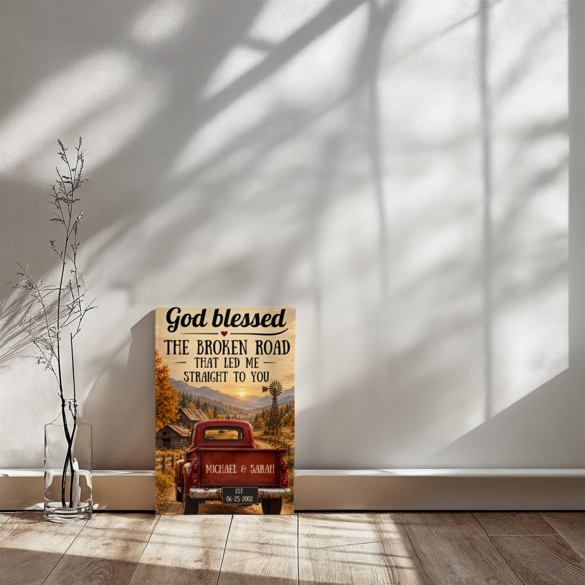 Personalized God Blessed the Broken Road Canvas, Rustic Red Truck Wall Art, Custom Names & Date Romantic Anniversary Gift