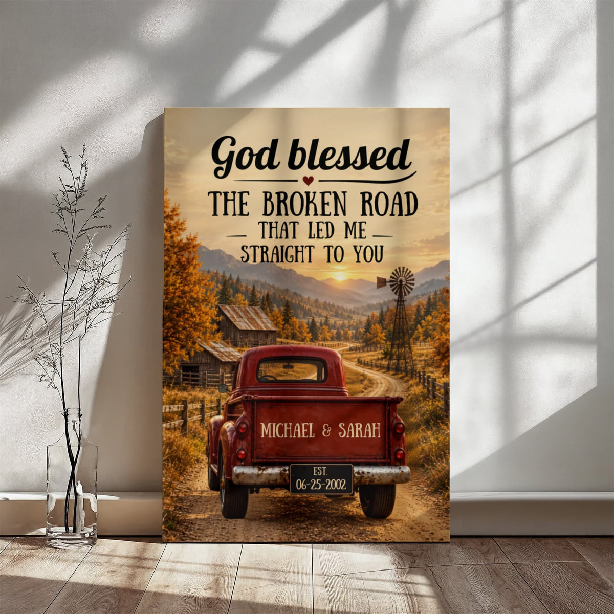 Personalized God Blessed the Broken Road Canvas, Rustic Red Truck Wall Art, Custom Names & Date Romantic Anniversary Gift