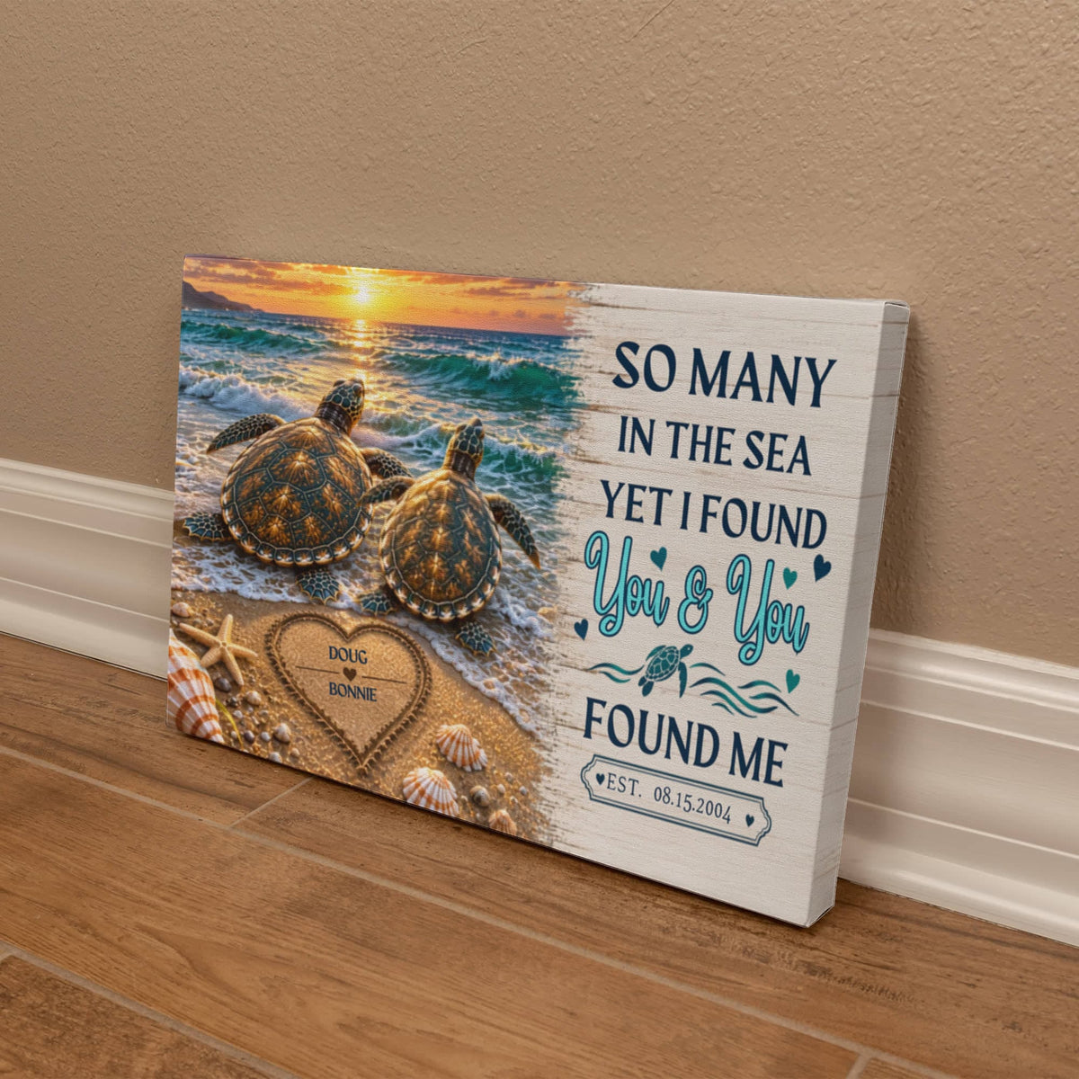 Personalized Turtle Couple Canvas, So Many in the Sea Yet I Found You Wall Art, Custom Names & Date Romantic Anniversary Gift