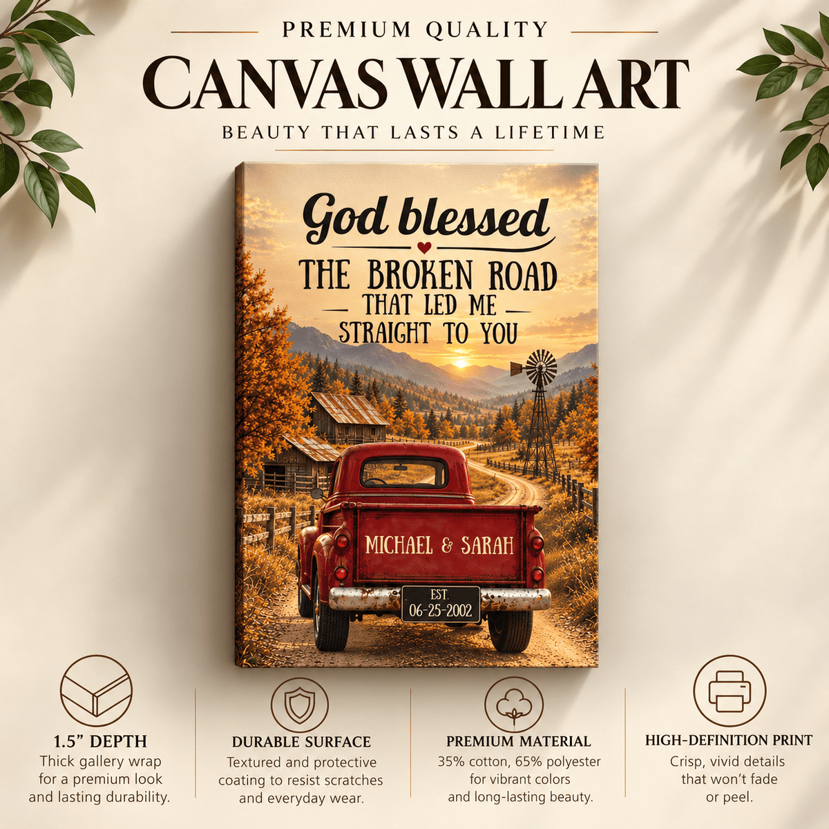 Personalized God Blessed the Broken Road Canvas, Rustic Red Truck Wall Art, Custom Names & Date Romantic Anniversary Gift