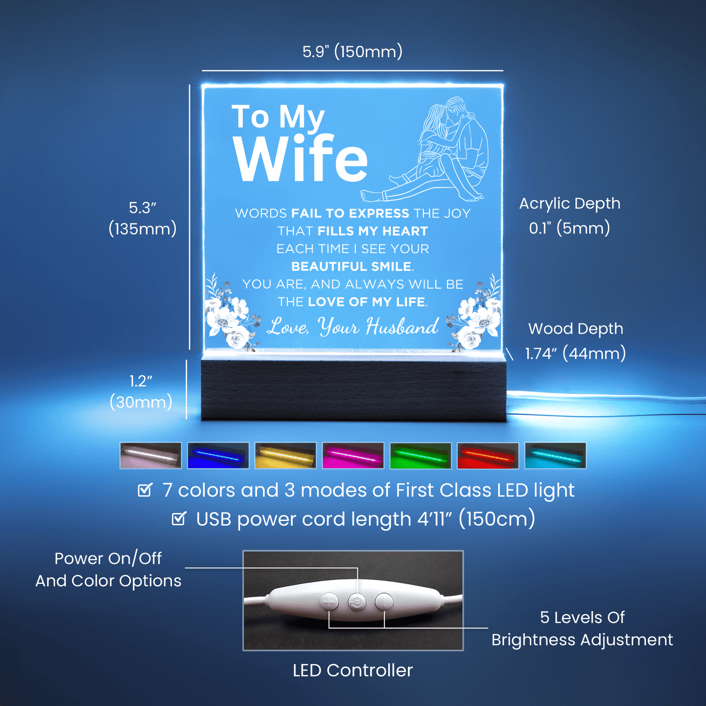 Gift for Wife, Premium Acrylic Keepsake with Built-in LED Lights - Words Fail To Express