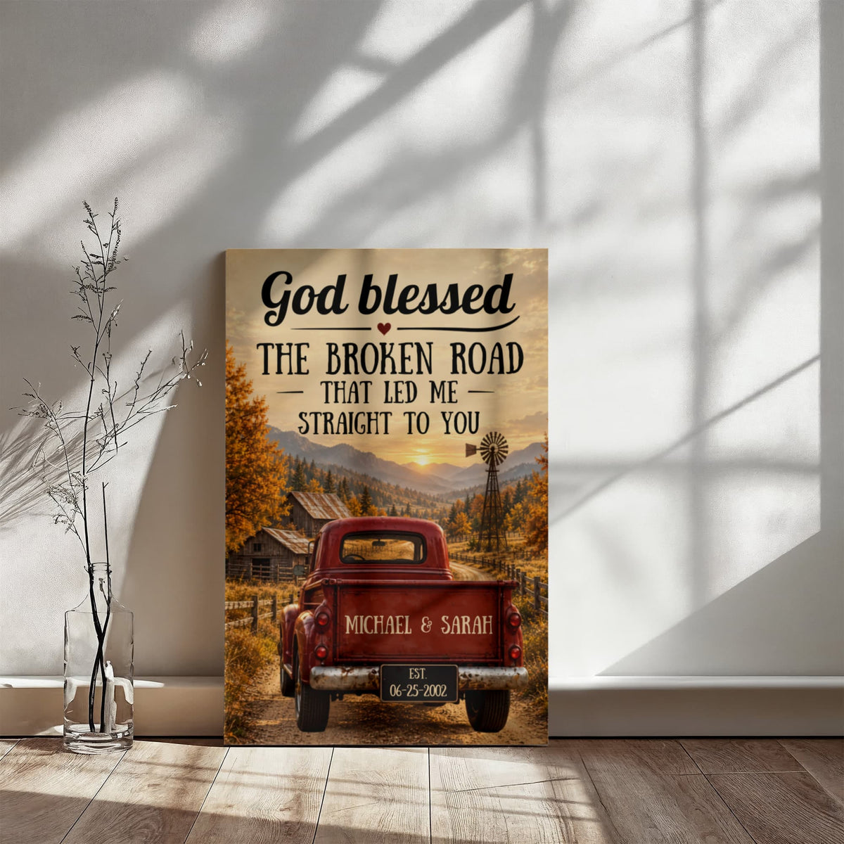 Personalized God Blessed the Broken Road Canvas, Rustic Red Truck Wall Art, Custom Names & Date Romantic Anniversary Gift