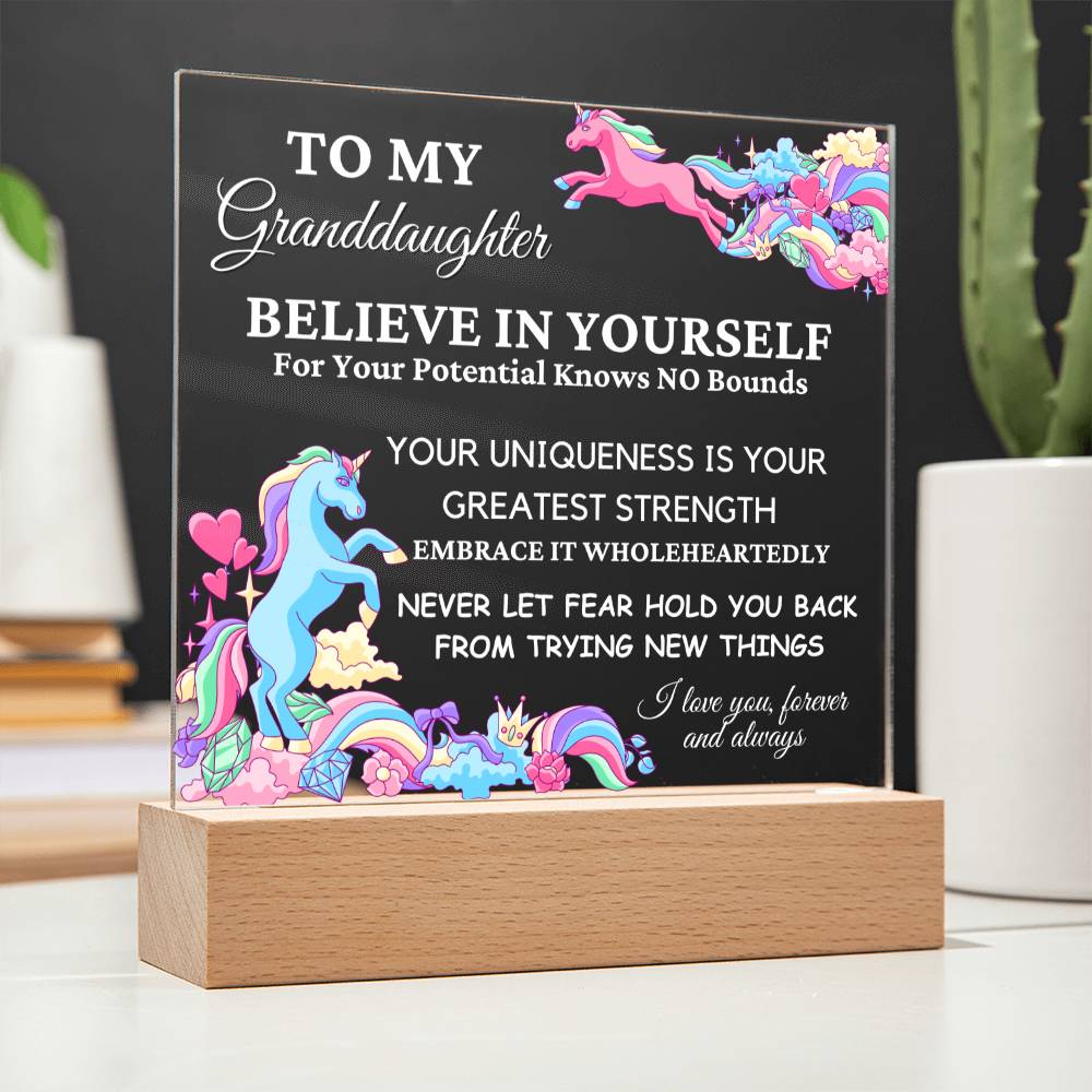 Unicorn Gift for Granddaughter, Premium Acrylic Keepsake with Built-in LED Lights