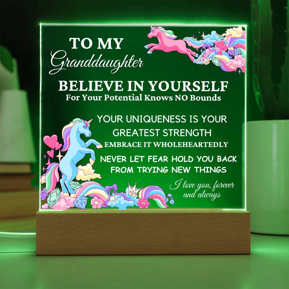 Unicorn Gift for Granddaughter, Premium Acrylic Keepsake with Built-in LED Lights