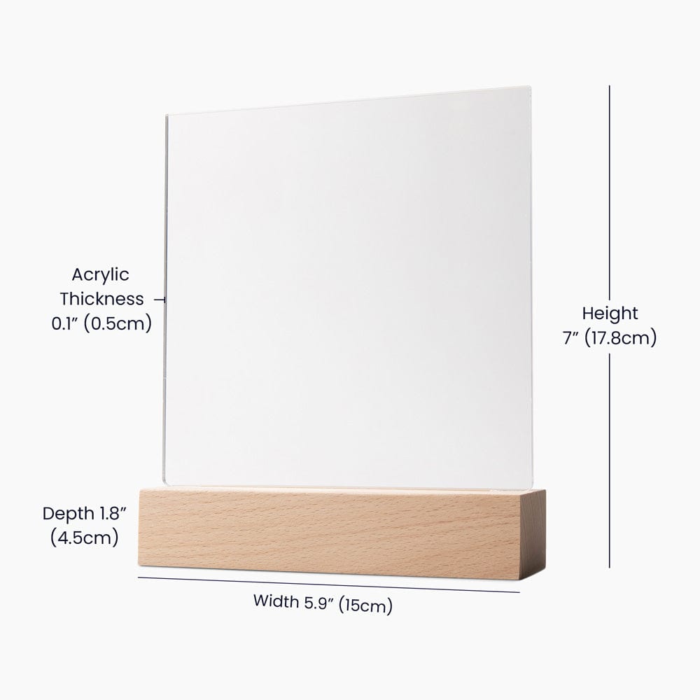 Dimensions of a rectangular object with acrylic thickness, height, width, and depth labeled.