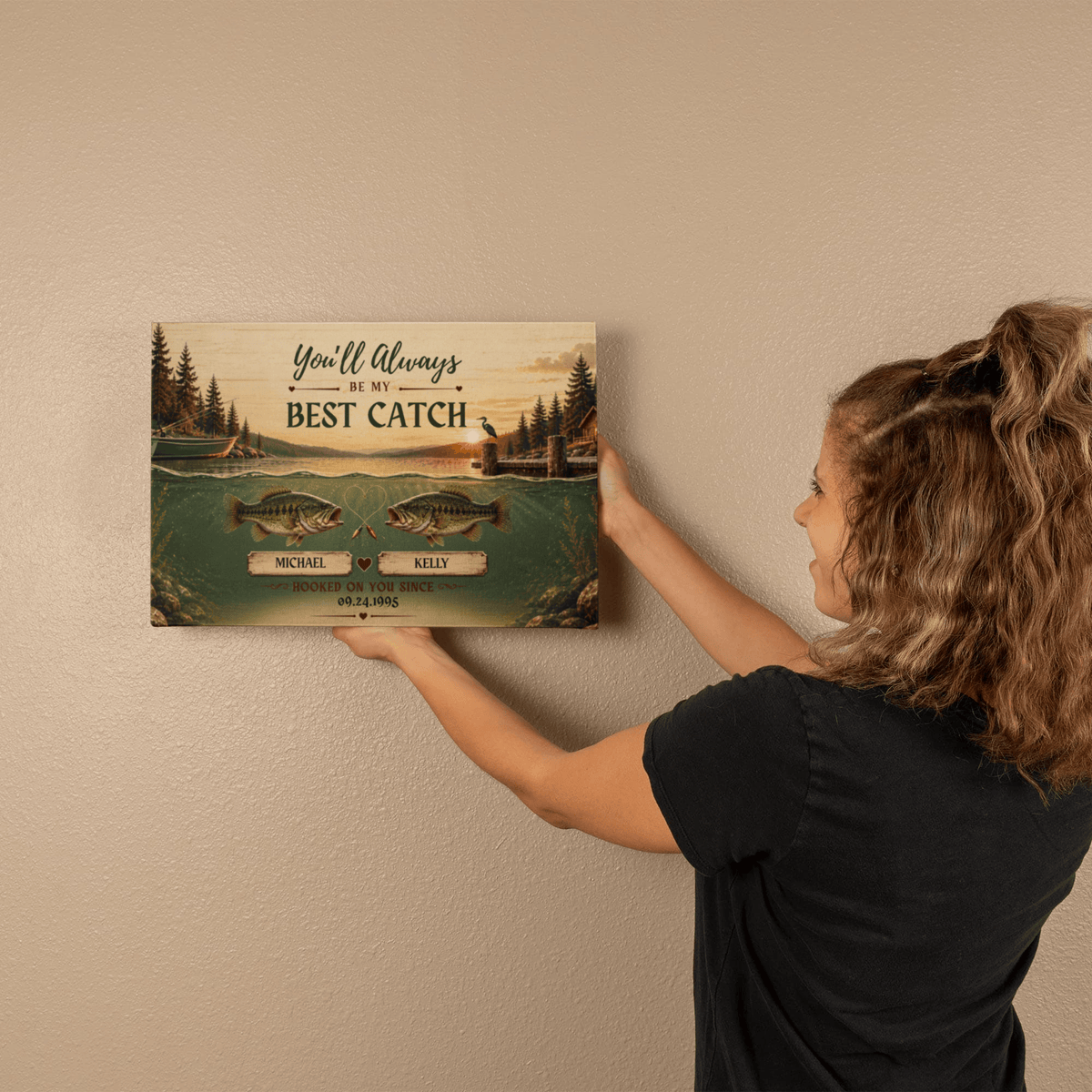 Personalized Fishing Couple Canvas, You’ll Always Be My Best Catch Wall Art, Custom Names & Date Anniversary Gift