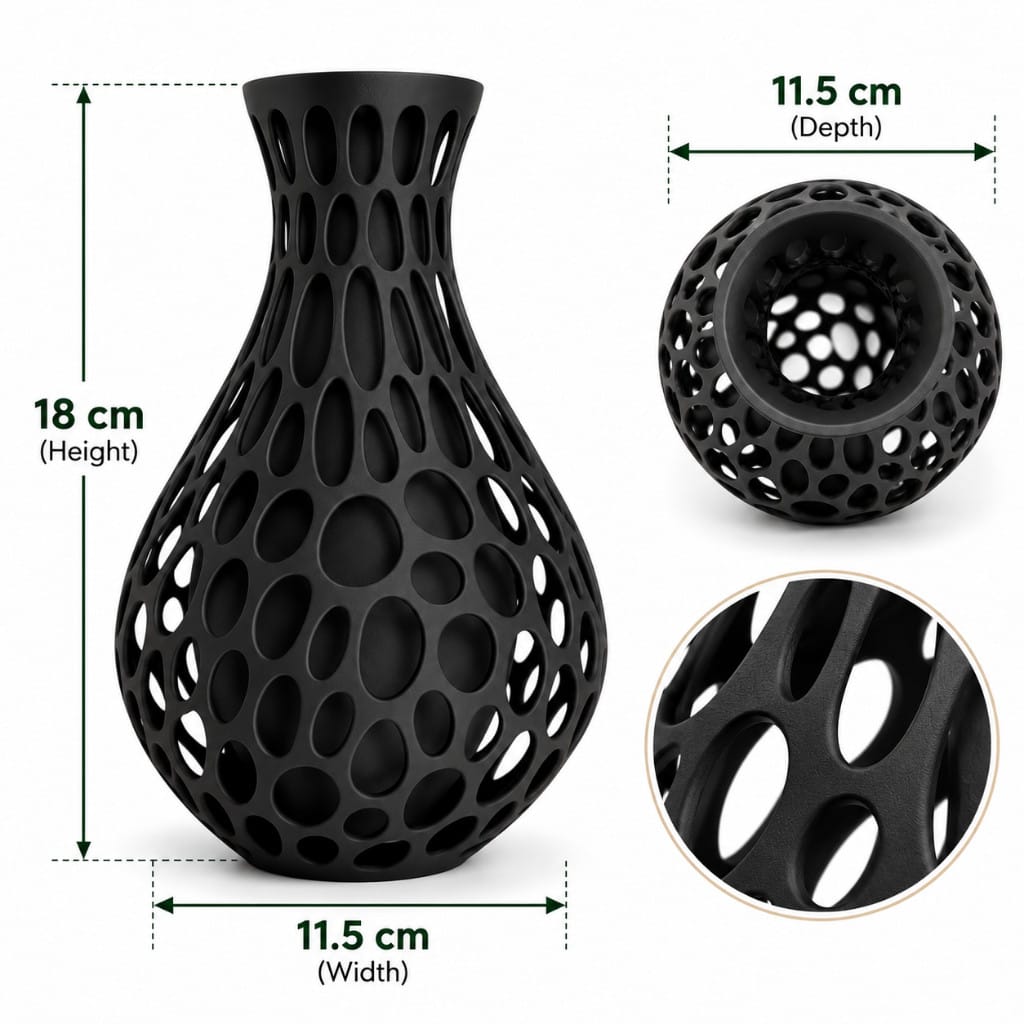 3D Printed Voronoi Vase | Modern Black Decorative Vase | Geometric Hollow Flower Vase | Minimalist Home Décor