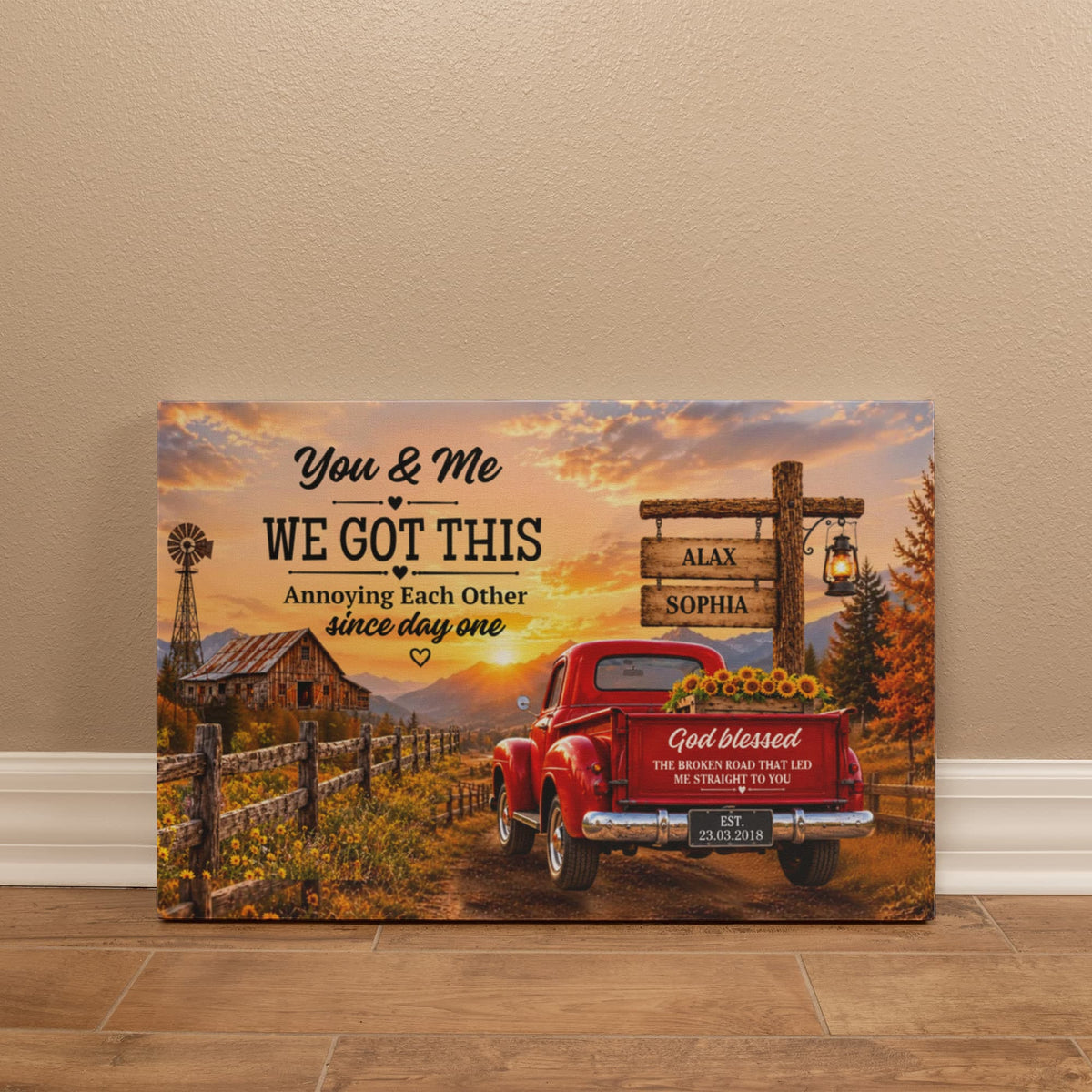 Personalized Couple Canvas, You & Me We Got This Wall Art, God Blessed the Broken Road Rustic Anniversary Gift with Custom Names & Date