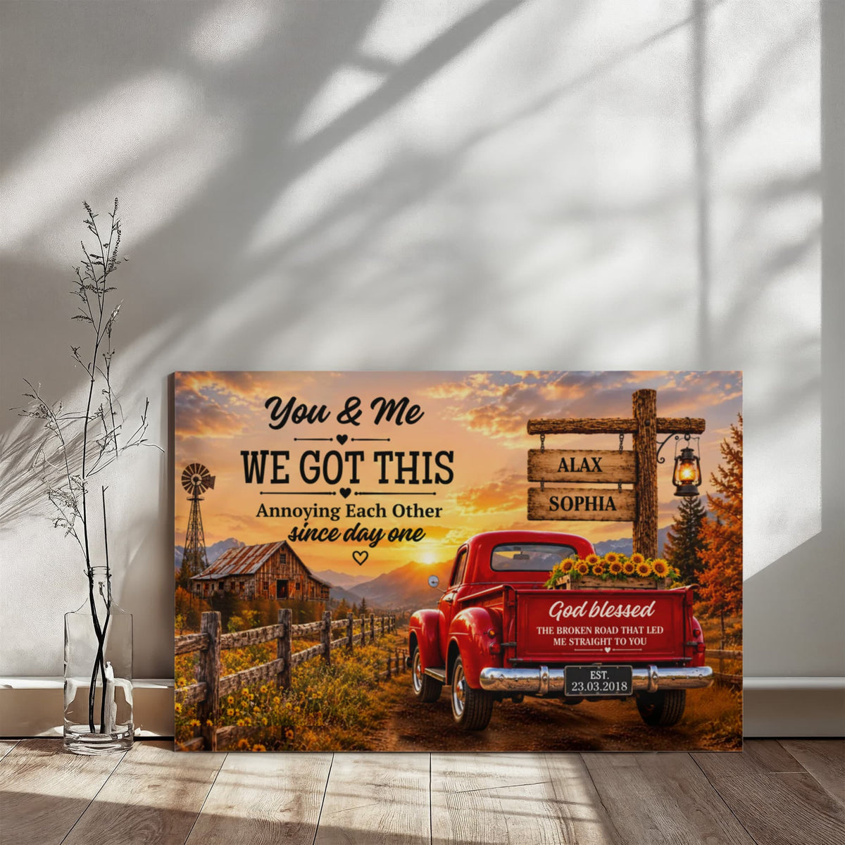 Personalized Couple Canvas, You & Me We Got This Wall Art, God Blessed the Broken Road Rustic Anniversary Gift with Custom Names & Date
