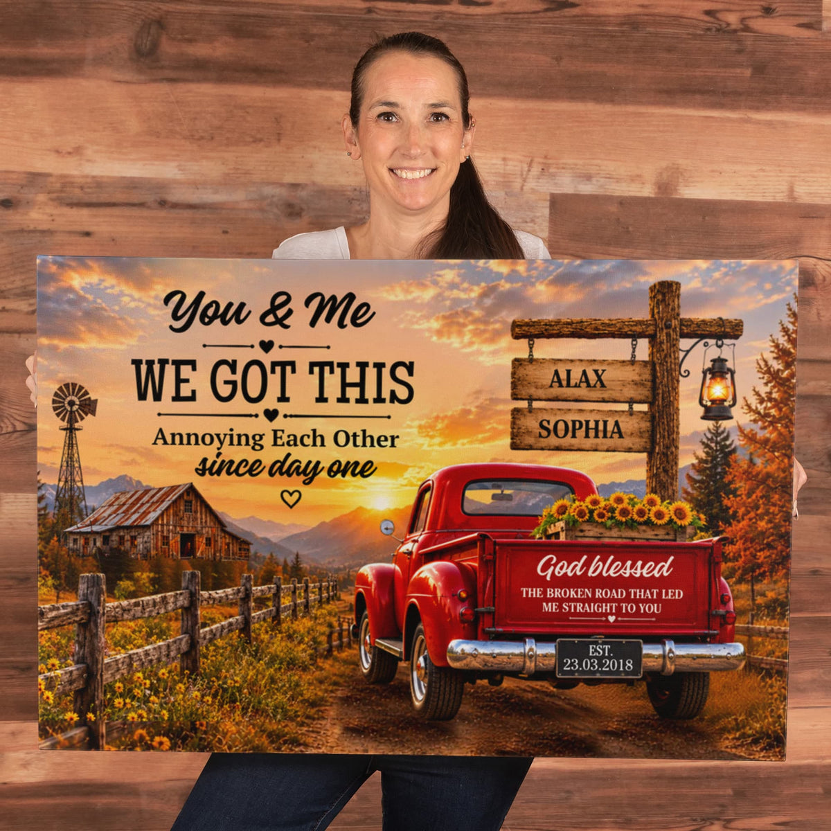 Personalized Couple Canvas, You & Me We Got This Wall Art, God Blessed the Broken Road Rustic Anniversary Gift with Custom Names & Date