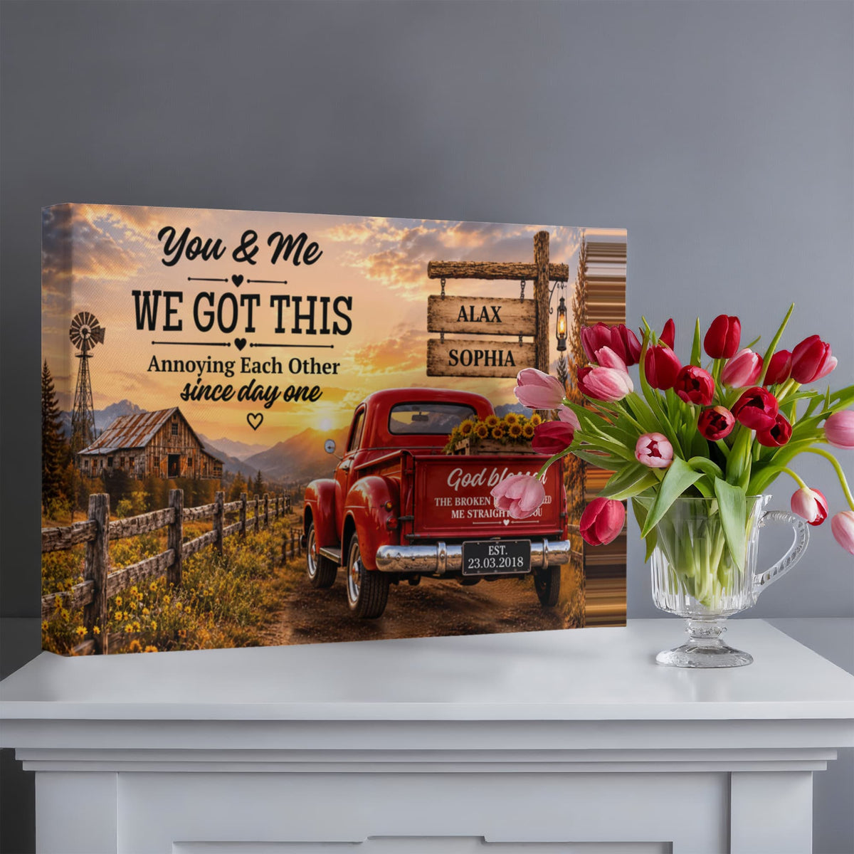 Personalized Couple Canvas, You & Me We Got This Wall Art, God Blessed the Broken Road Rustic Anniversary Gift with Custom Names & Date