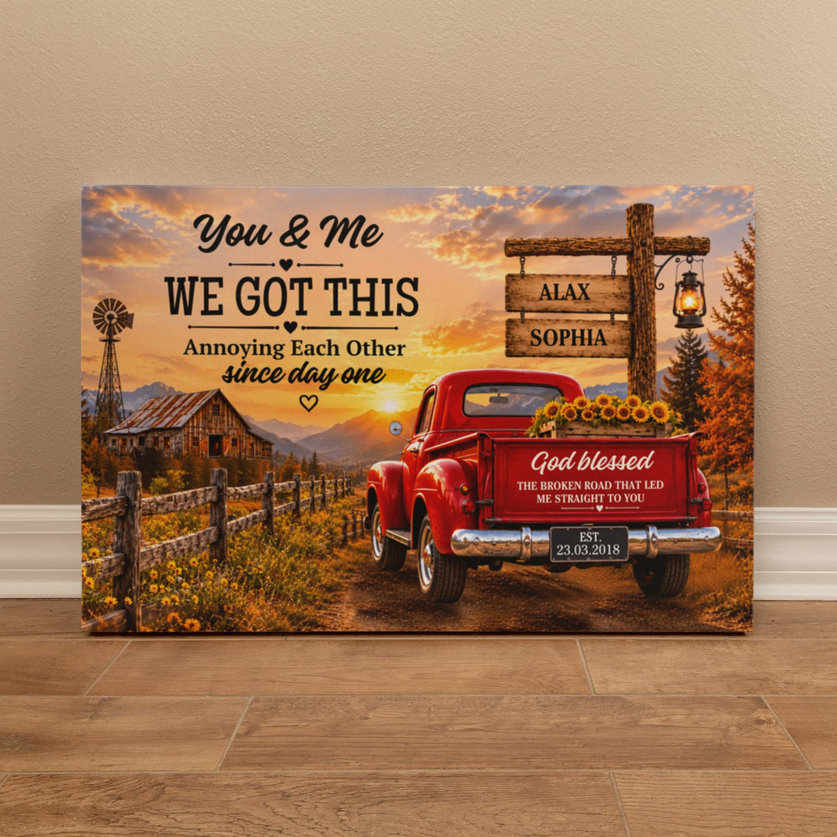 Personalized Couple Canvas, You & Me We Got This Wall Art, God Blessed the Broken Road Rustic Anniversary Gift with Custom Names & Date