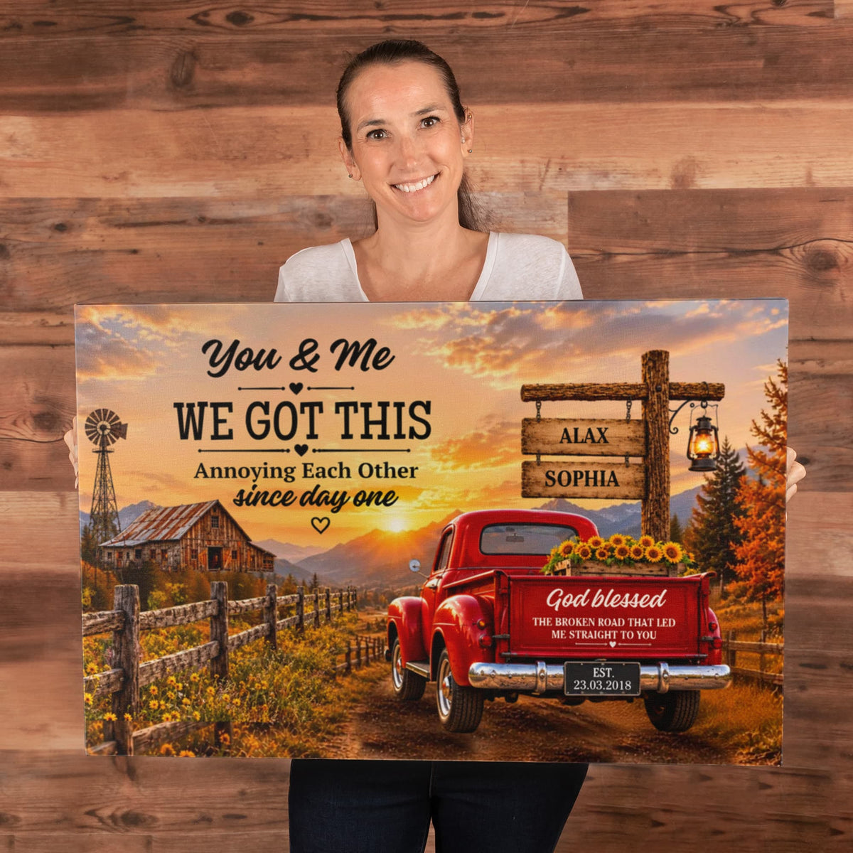 Personalized Couple Canvas, You & Me We Got This Wall Art, God Blessed the Broken Road Rustic Anniversary Gift with Custom Names & Date