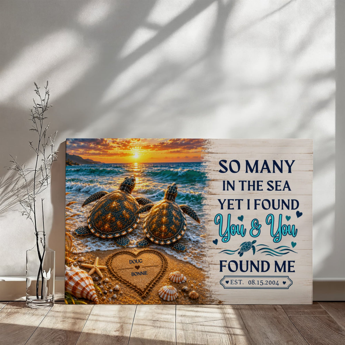 Personalized Turtle Couple Canvas, So Many in the Sea Yet I Found You Wall Art, Custom Names & Date Romantic Anniversary Gift