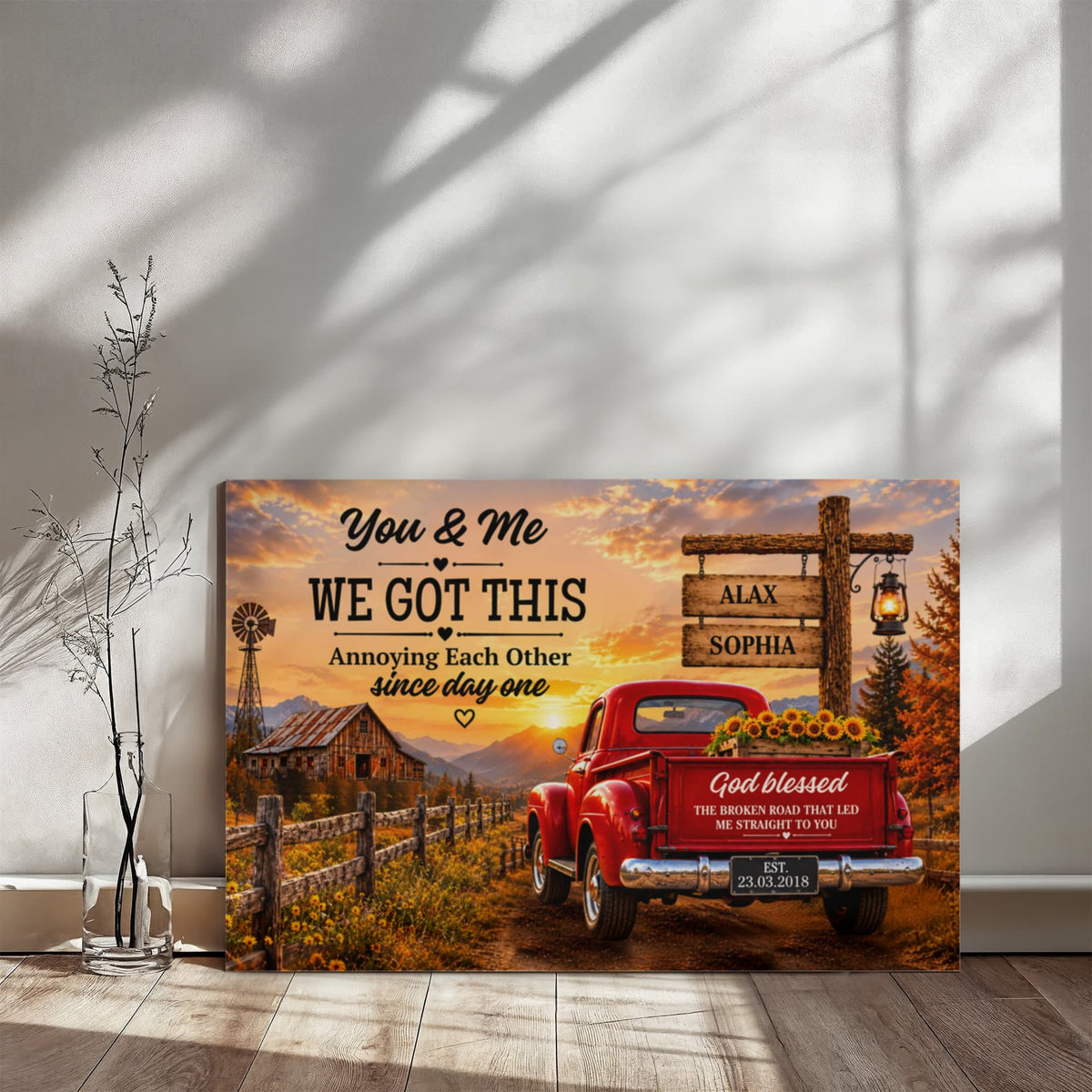 Personalized Couple Canvas, You & Me We Got This Wall Art, God Blessed the Broken Road Rustic Anniversary Gift with Custom Names & Date
