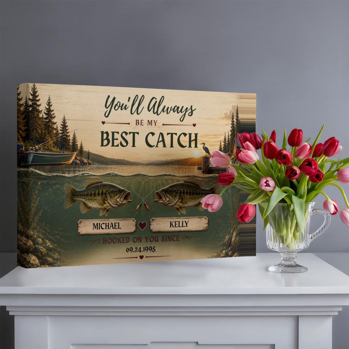 Personalized Fishing Couple Canvas, You’ll Always Be My Best Catch Wall Art, Custom Names & Date Anniversary Gift