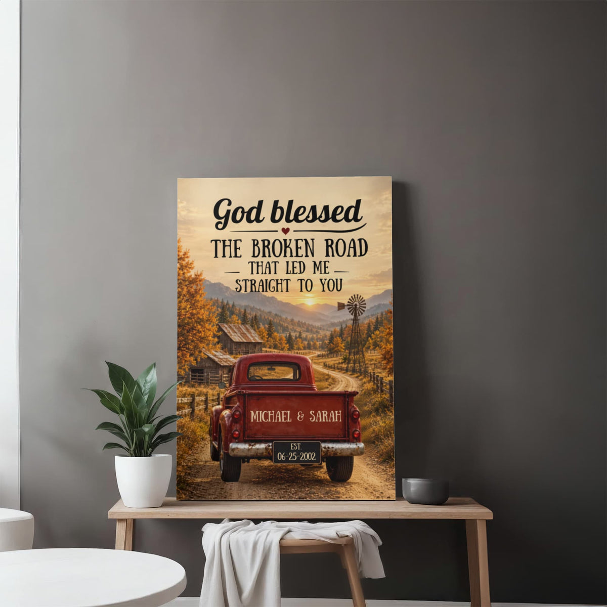 Personalized God Blessed the Broken Road Canvas, Rustic Red Truck Wall Art, Custom Names & Date Romantic Anniversary Gift