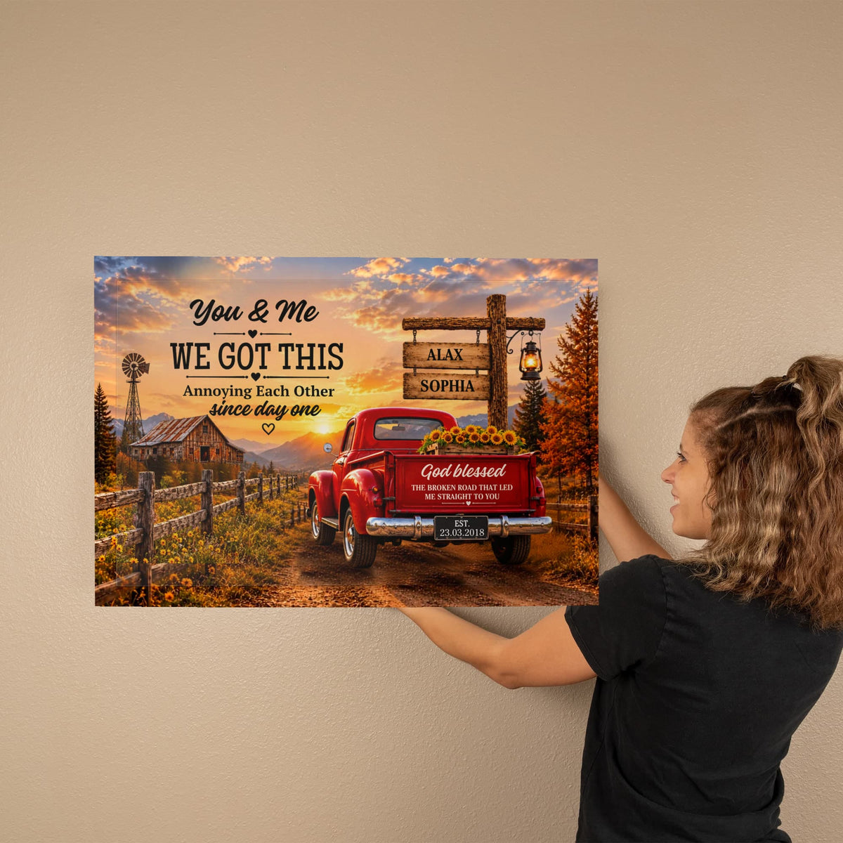 Personalized Couple Canvas, You & Me We Got This Wall Art, God Blessed the Broken Road Rustic Anniversary Gift with Custom Names & Date