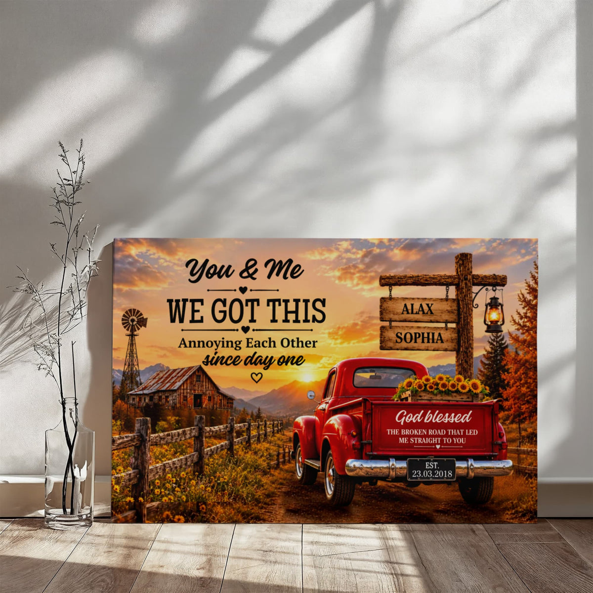 Personalized Couple Canvas, You & Me We Got This Wall Art, God Blessed the Broken Road Rustic Anniversary Gift with Custom Names & Date