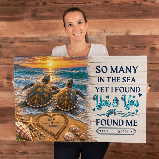 Personalized Turtle Couple Canvas, So Many in the Sea Yet I Found You Wall Art, Custom Names & Date Romantic Anniversary Gift