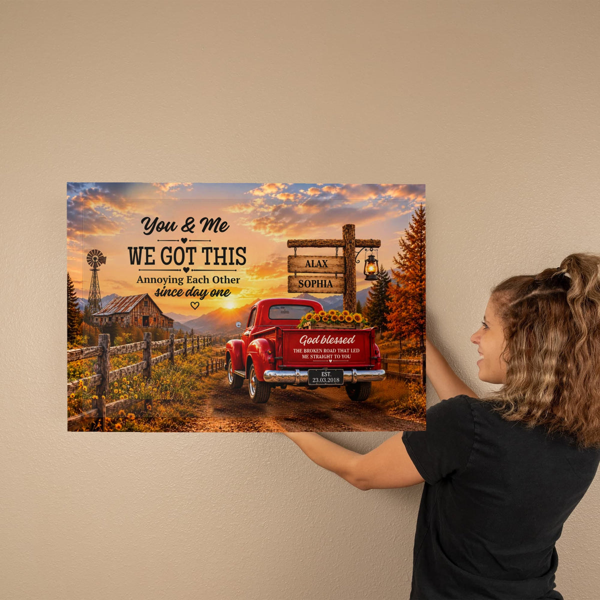 Personalized Couple Canvas, You & Me We Got This Wall Art, God Blessed the Broken Road Rustic Anniversary Gift with Custom Names & Date