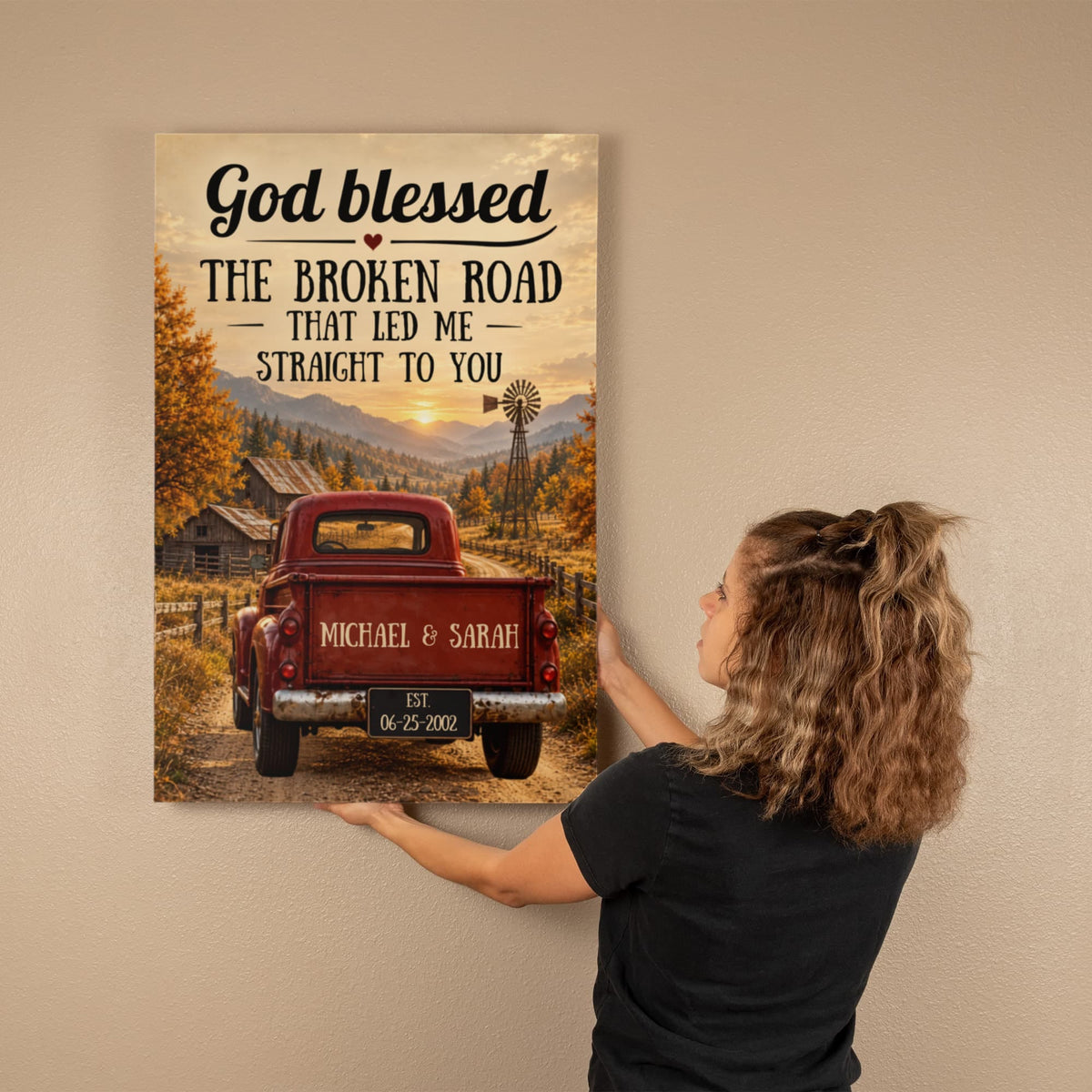 Personalized God Blessed the Broken Road Canvas, Rustic Red Truck Wall Art, Custom Names & Date Romantic Anniversary Gift