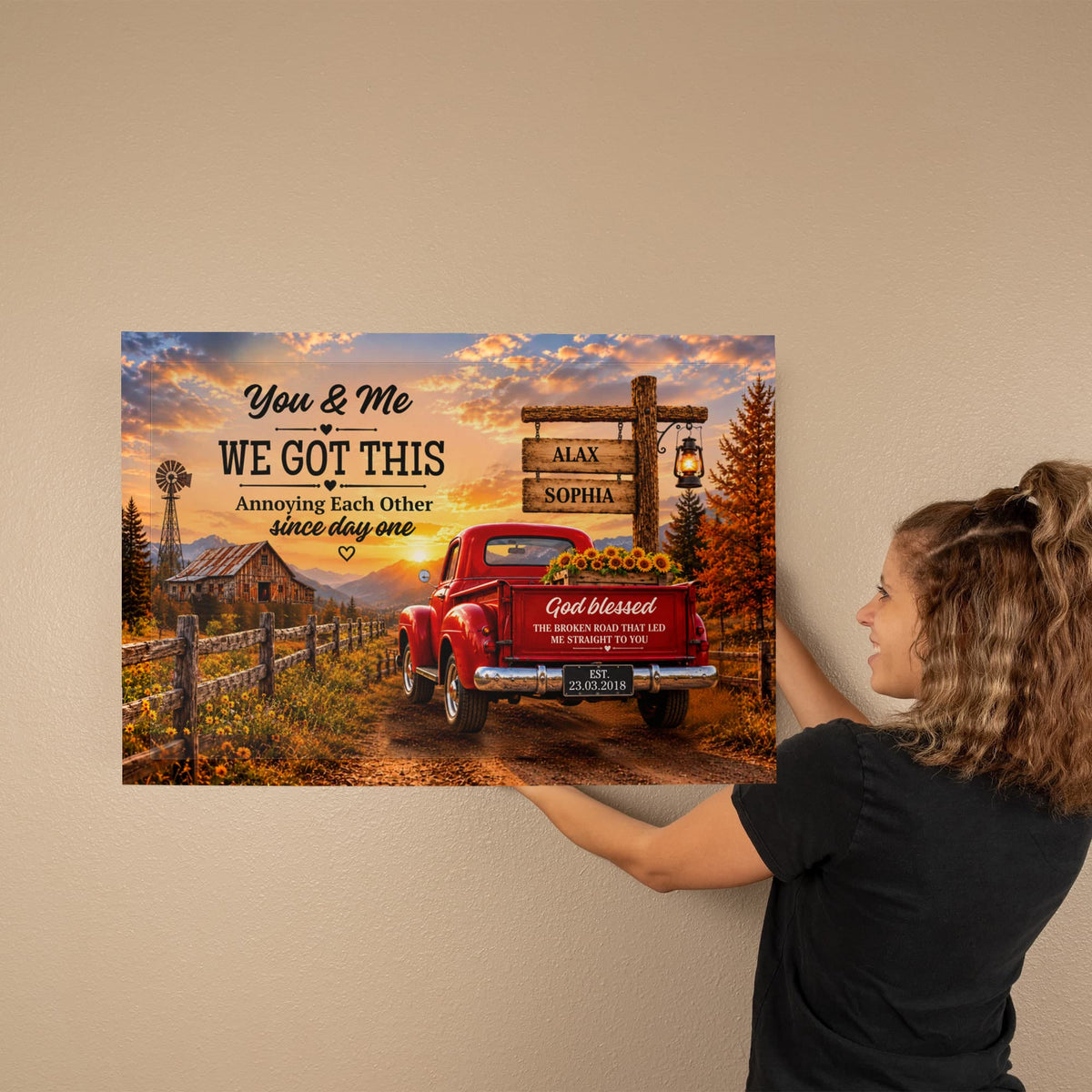 Personalized Couple Canvas, You & Me We Got This Wall Art, God Blessed the Broken Road Rustic Anniversary Gift with Custom Names & Date