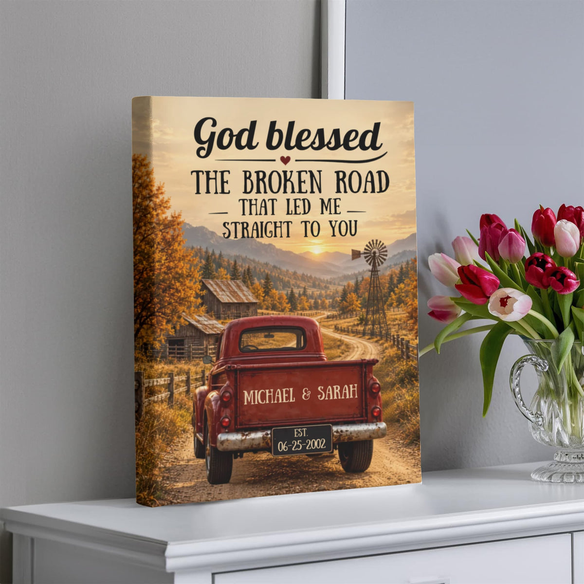 Personalized God Blessed the Broken Road Canvas, Rustic Red Truck Wall Art, Custom Names & Date Romantic Anniversary Gift