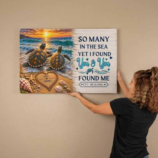 Personalized Turtle Couple Canvas, So Many in the Sea Yet I Found You Wall Art, Custom Names & Date Romantic Anniversary Gift