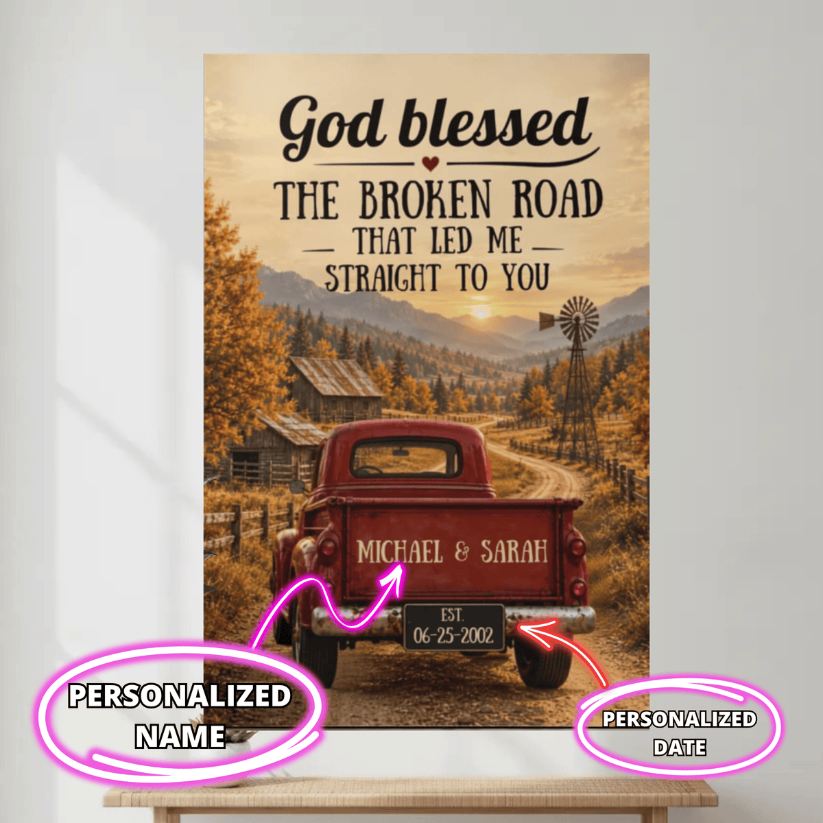 Personalized God Blessed the Broken Road Canvas, Rustic Red Truck Wall Art, Custom Names & Date Romantic Anniversary Gift