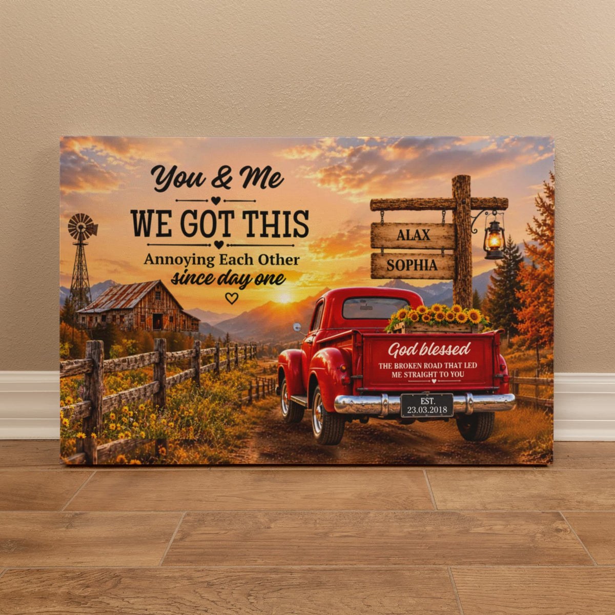 Personalized Couple Canvas, You & Me We Got This Wall Art, God Blessed the Broken Road Rustic Anniversary Gift with Custom Names & Date
