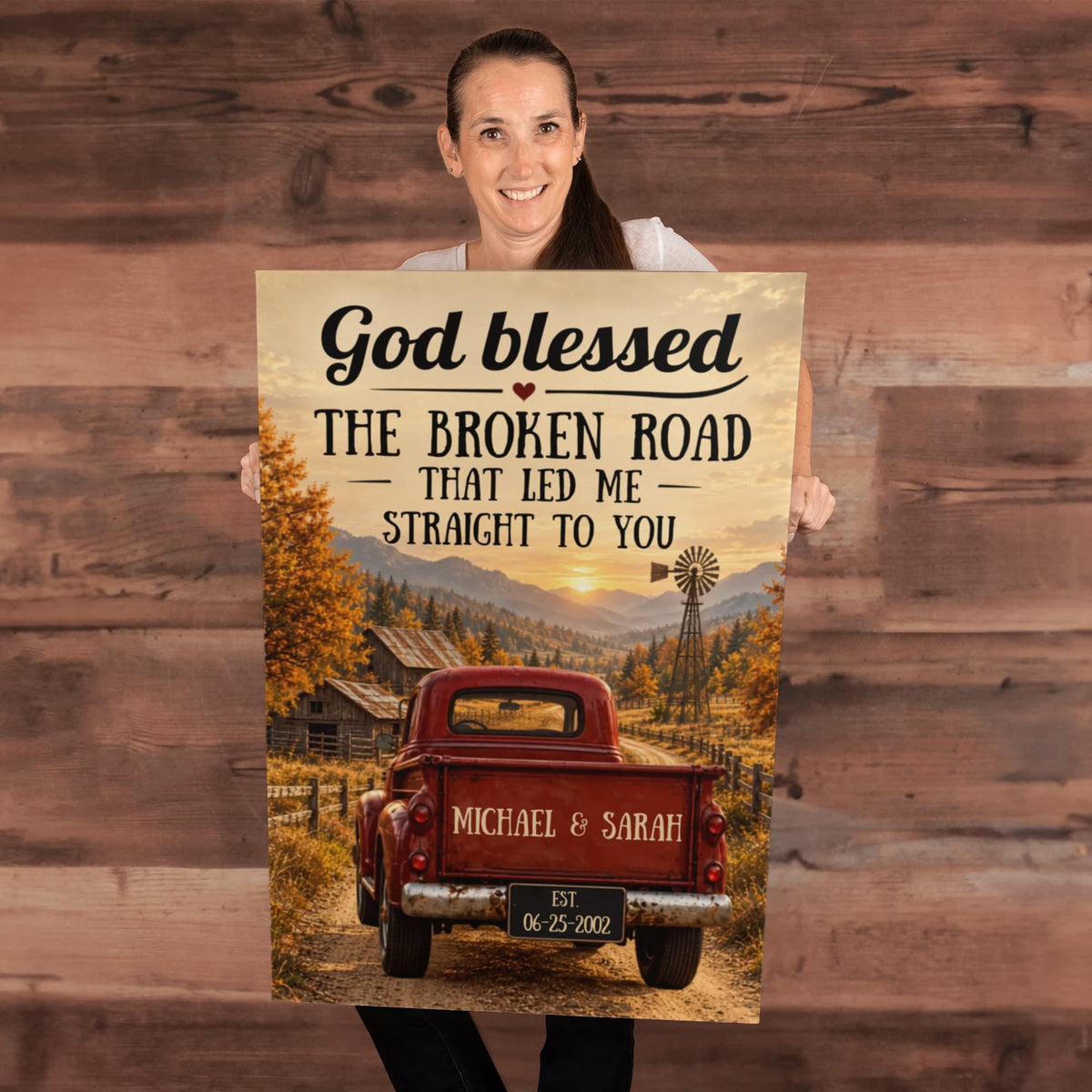 Personalized God Blessed the Broken Road Canvas, Rustic Red Truck Wall Art, Custom Names & Date Romantic Anniversary Gift