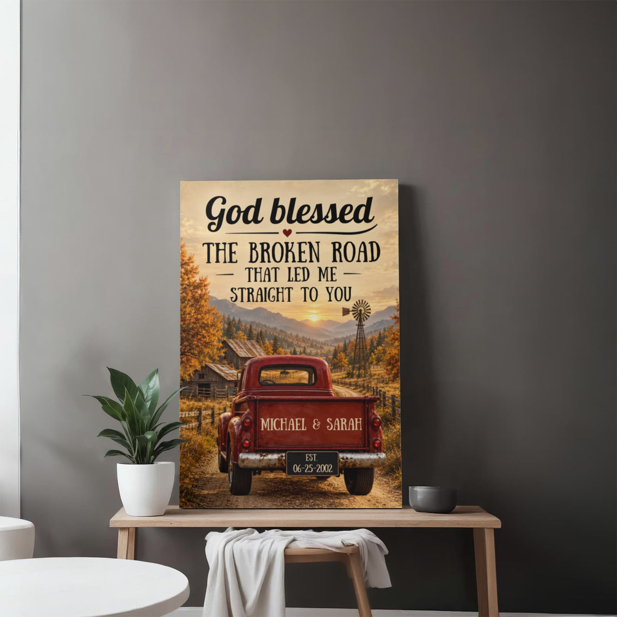 Personalized God Blessed the Broken Road Canvas, Rustic Red Truck Wall Art, Custom Names & Date Romantic Anniversary Gift