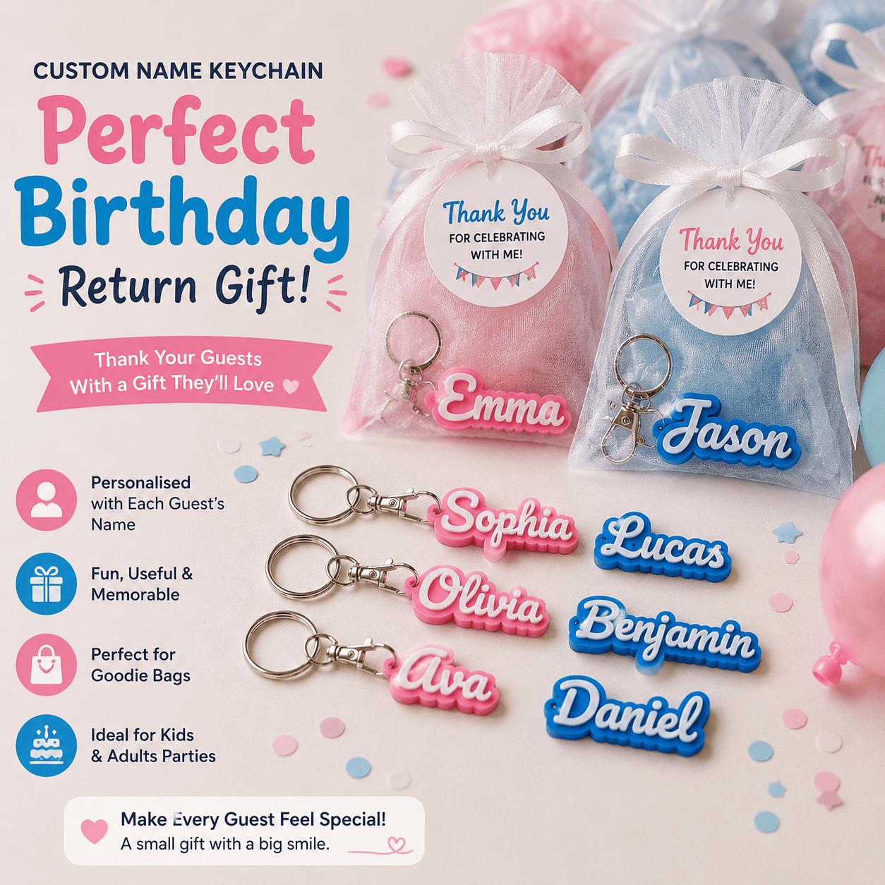 Custom Name Keychain – Personalised Birthday Return Gift, 10 Pieces Set