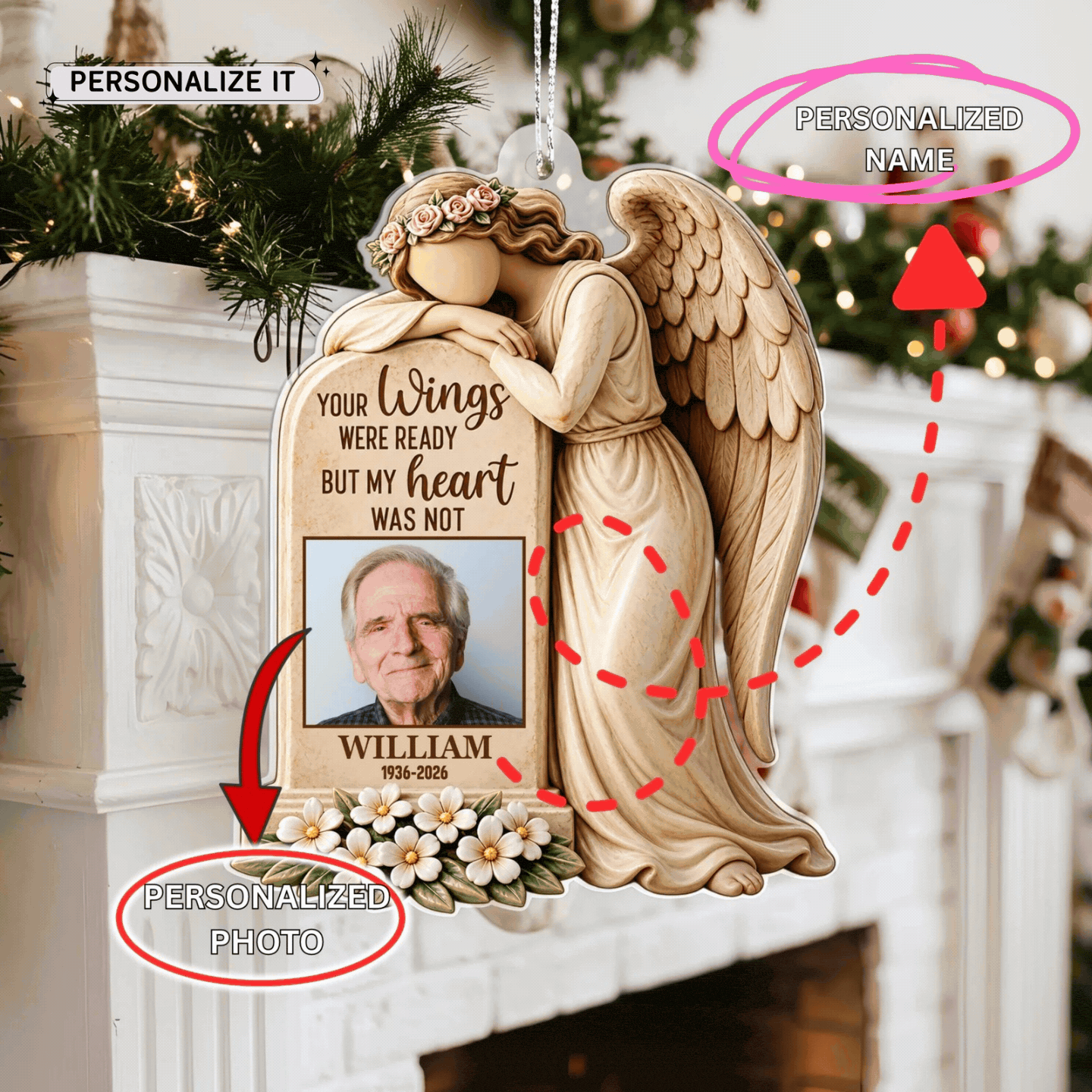 Personalized Memorial Christmas Ornament, Custom Angel Wings Photo Ornament with Name and Dates, In Loving Memory Bereavement Gift