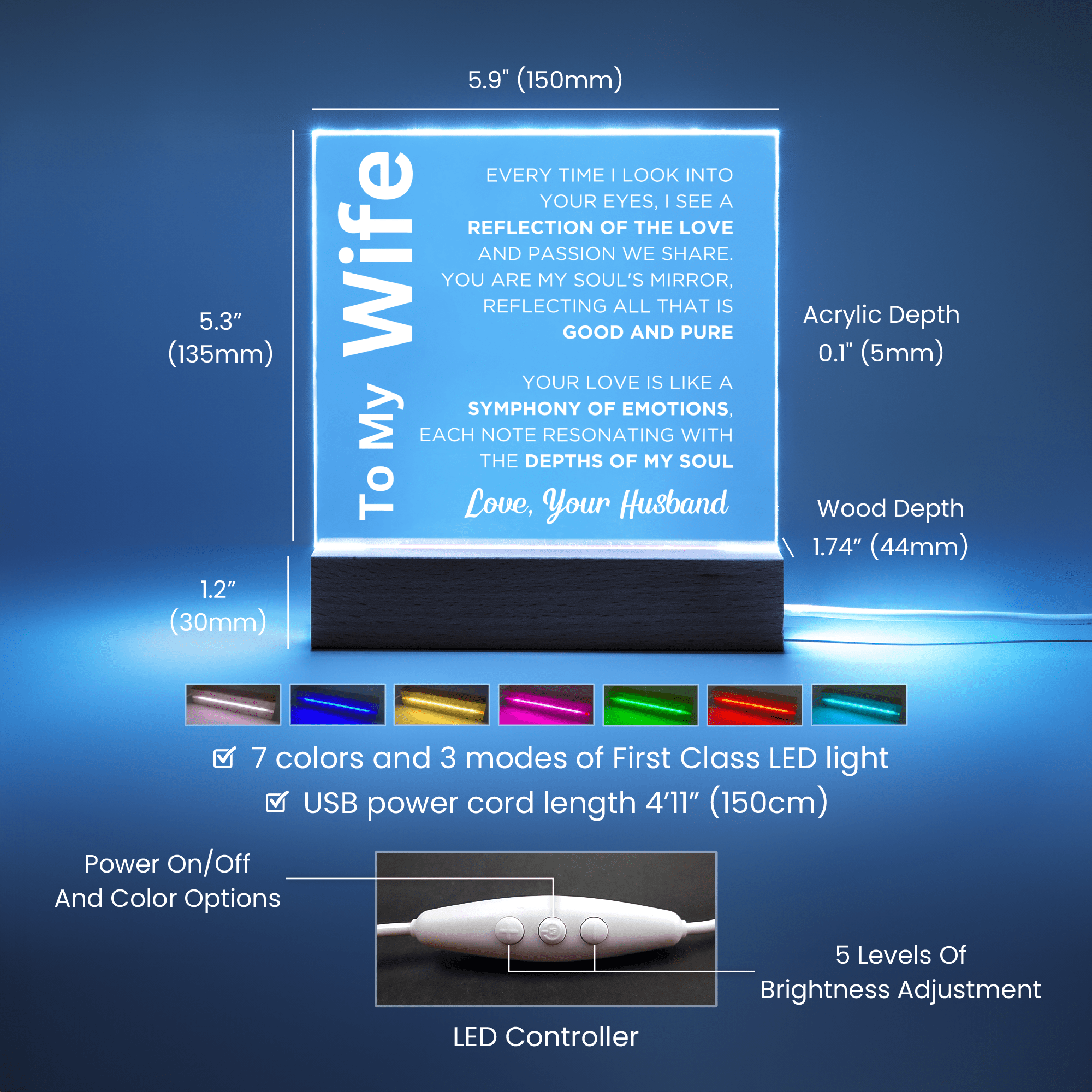 Gift for Wife, Premium Acrylic Keepsake with Built-in LED Lights - Reflection of the Love