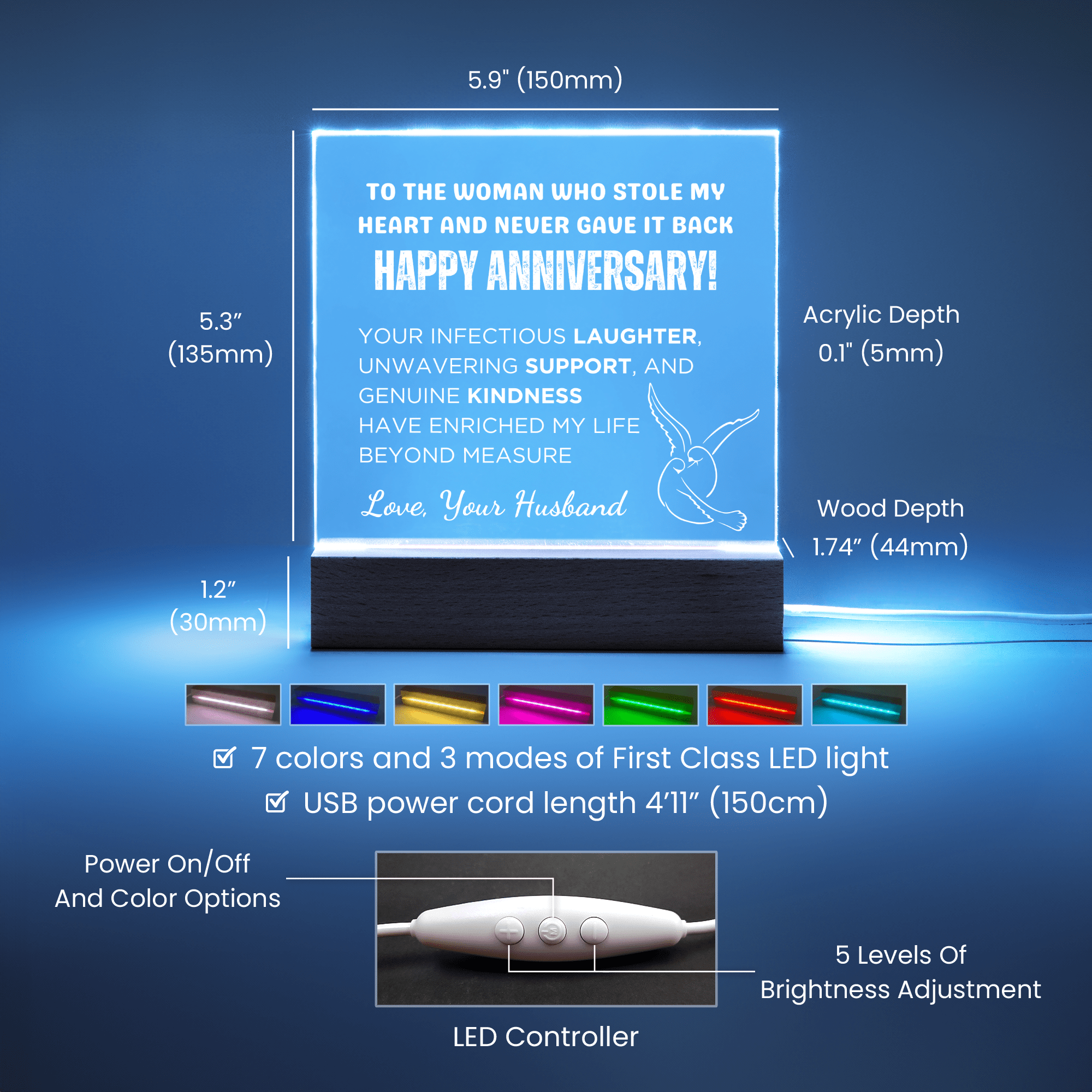 Gift for Wife, Premium Acrylic Keepsake with Built-in LED Lights - Stole My Heart