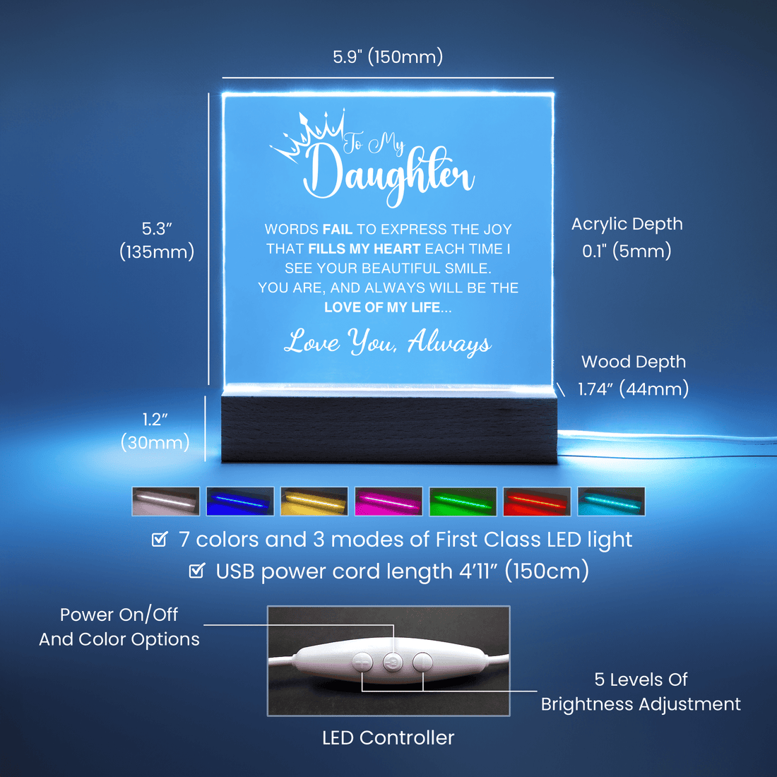 Love of My Life - Gift for Daughter, Premium Acrylic Keepsake with Built-in LED Lights