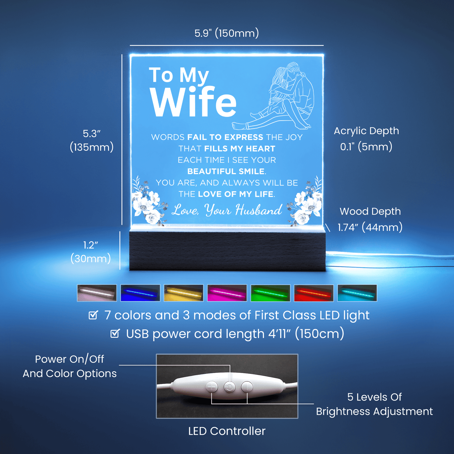 Gift for Wife, Premium Acrylic Keepsake with Built-in LED Lights - Words Fail To Express