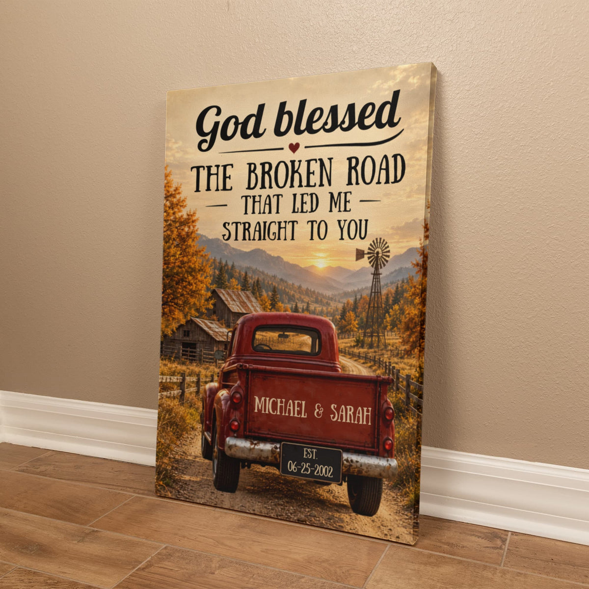 Personalized God Blessed the Broken Road Canvas, Rustic Red Truck Wall Art, Custom Names & Date Romantic Anniversary Gift