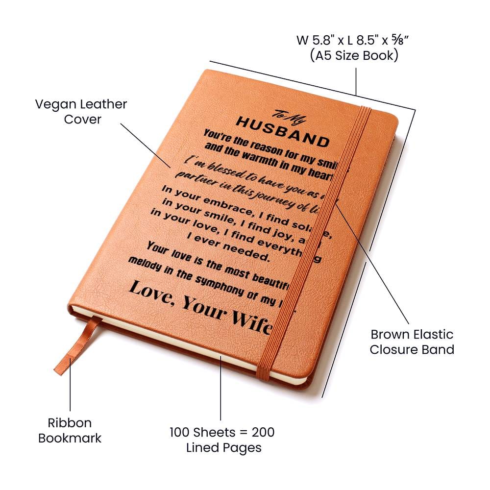 Gift For Husband, Vegan Leather Ruled Notebook Journal, 100 Sheets, A5 Size Book - Warmth In My Heart