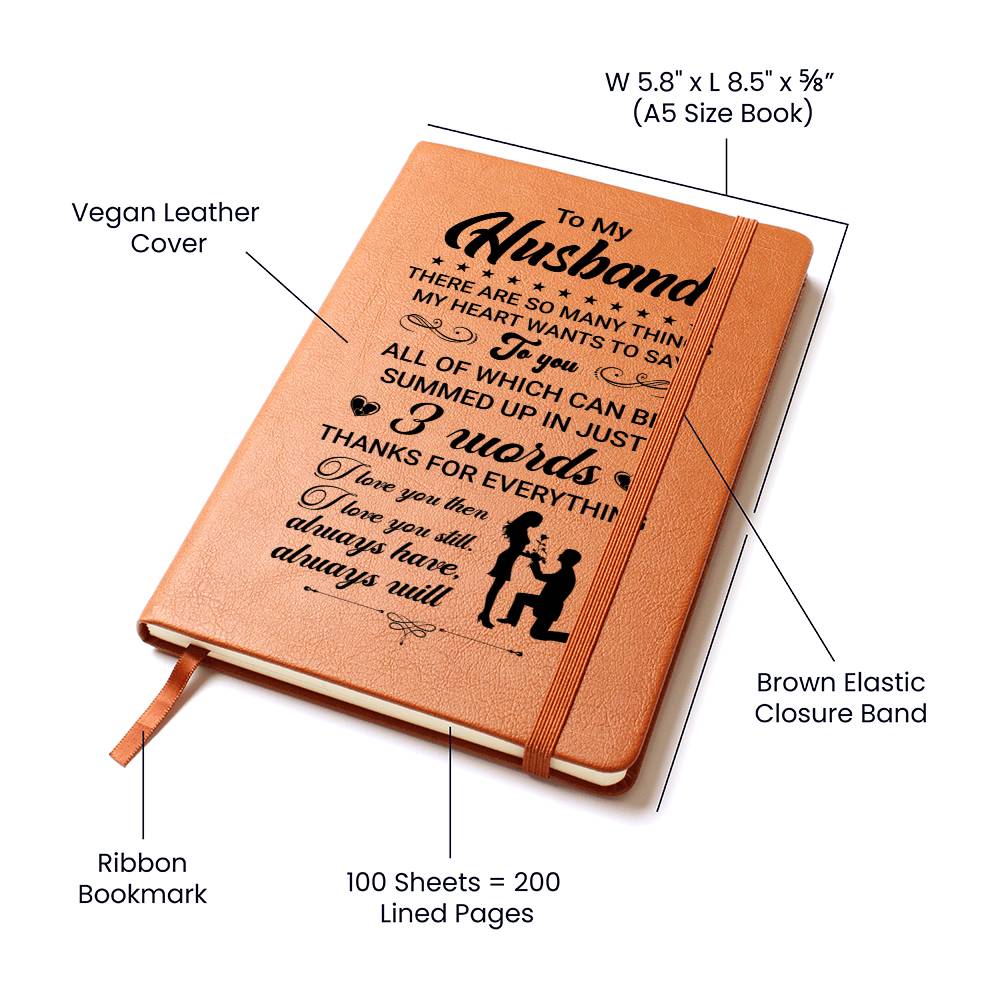 Gift For Husband, Vegan Leather Ruled Notebook Journal, 100 Sheets, A5 Size Book - Three Words