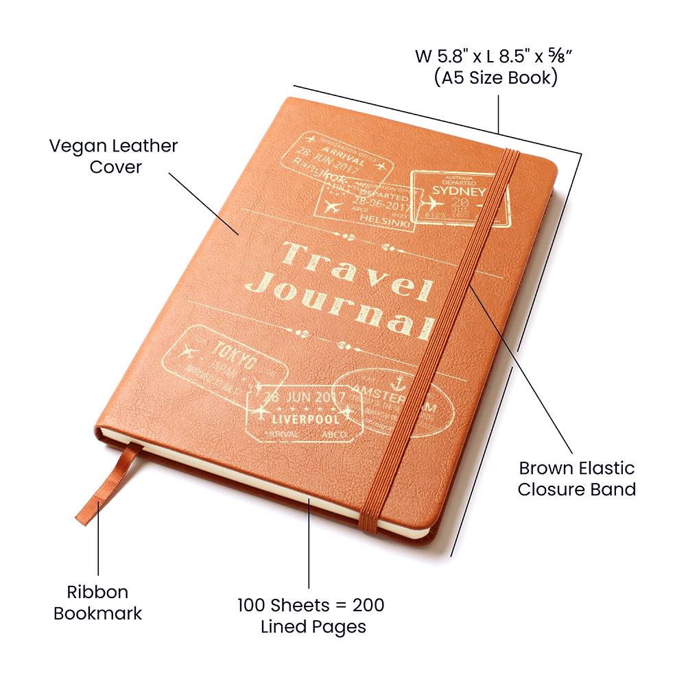 Vegan Leather Travel Journal Notebook, A5 Size, Ruled 100 Sheets