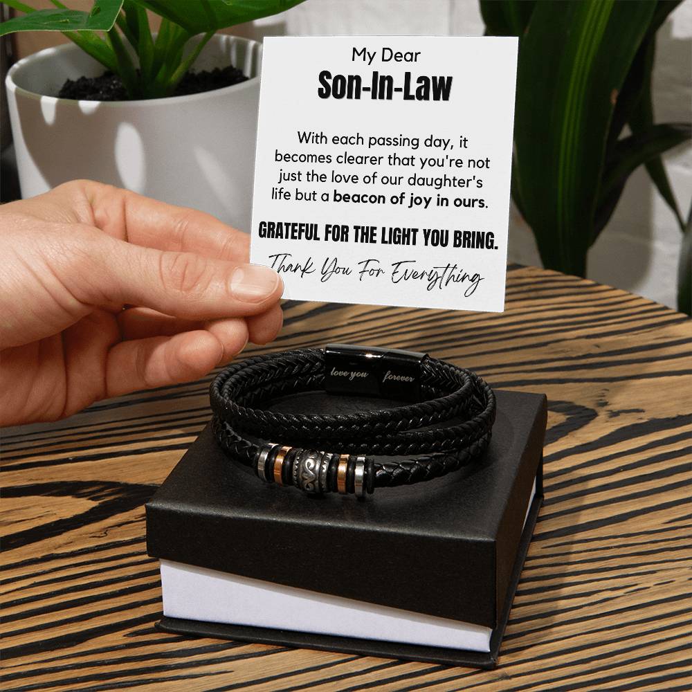 Gift for Son in Law, Men's Bracelet Composed of Stainless Steel And Vegan Leather - Grateful For The Light You Bring