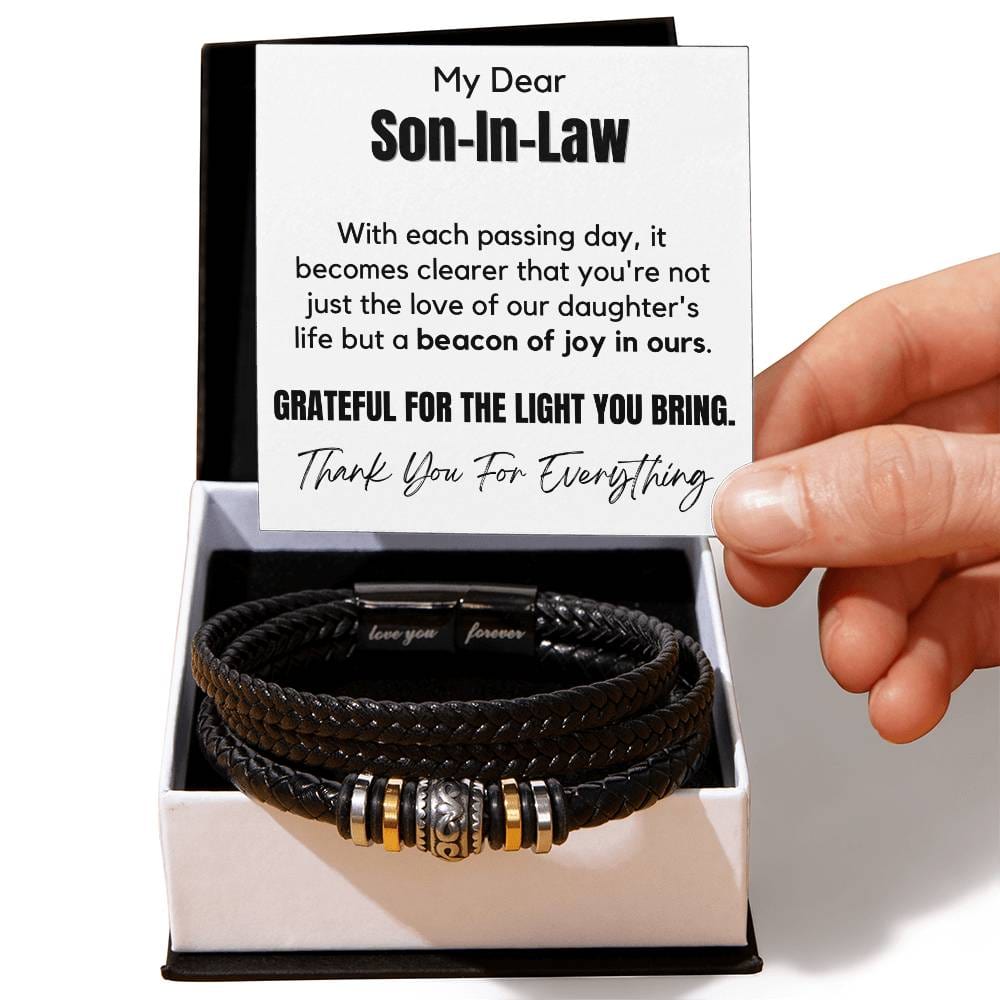 Gift for Son in Law, Men's Bracelet Composed of Stainless Steel And Vegan Leather - Grateful For The Light You Bring