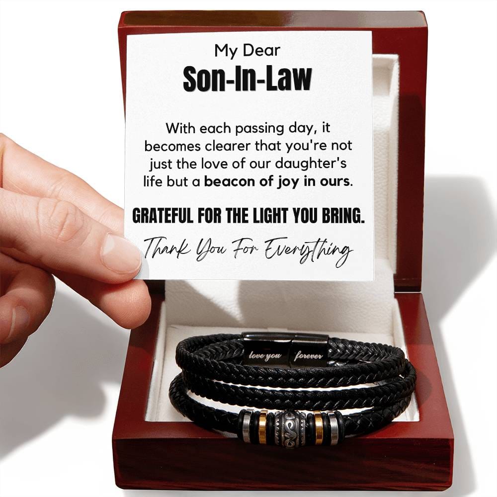 Gift for Son in Law, Men's Bracelet Composed of Stainless Steel And Vegan Leather - Grateful For The Light You Bring