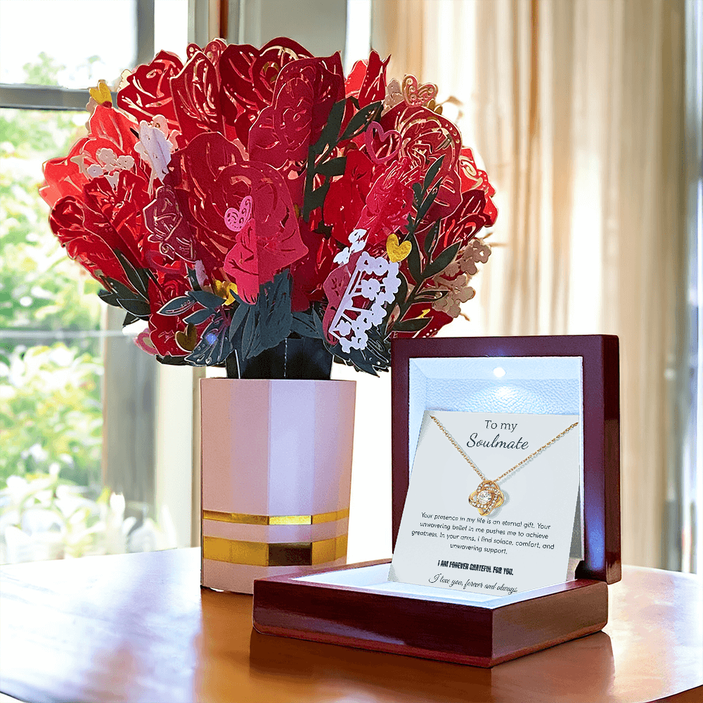 Love Knot Necklace & Sweetest Devotion Bouquet – Luxury Gift Set for Her