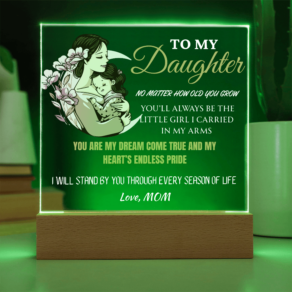 Decorative LED sign with a mother and daughter illustration and sentimental text on a green background.