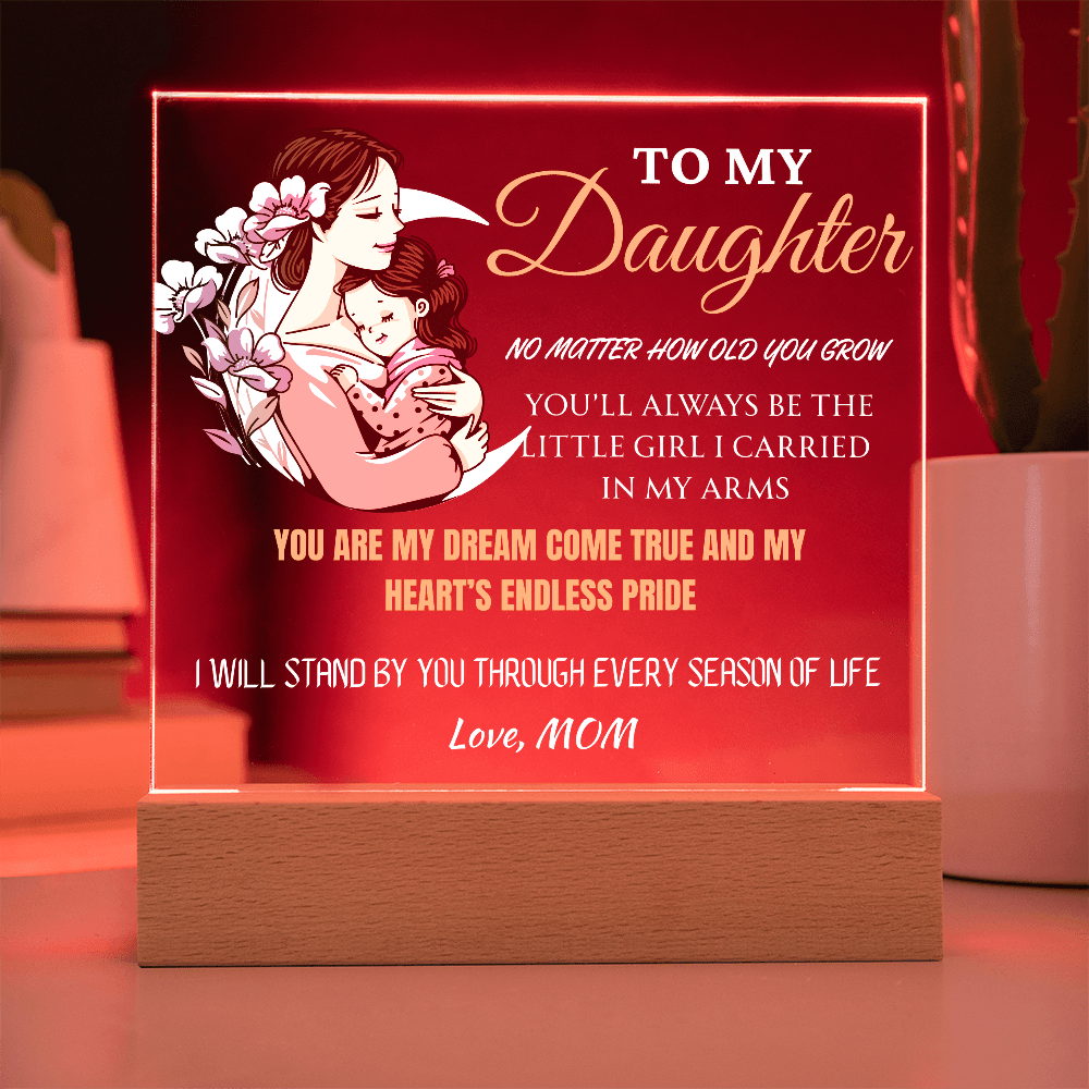 Decorative light box with a mother and daughter illustration and sentimental text on a red background.